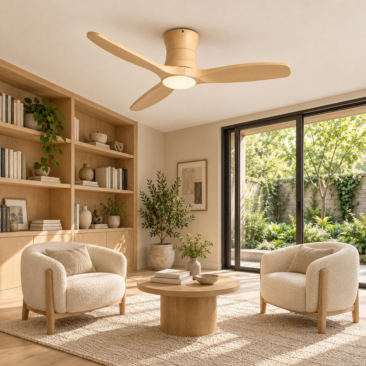 Modern Ceiling Fan Flush Mount Solid Wood Blades Integrated Dimmable LED Light Remote Control 52 Inch