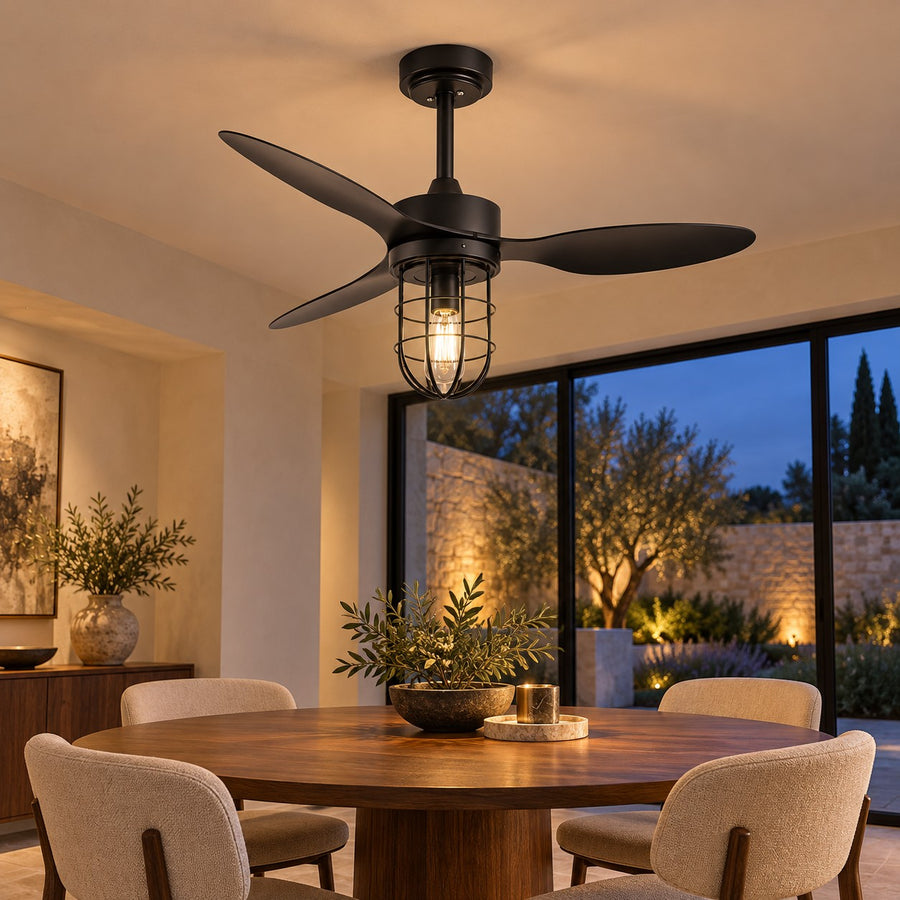 Modern Ceiling Fan Flush Mount with Iron Cage Light Wood Blades Quiet DC Motor 6-Speed in the evening