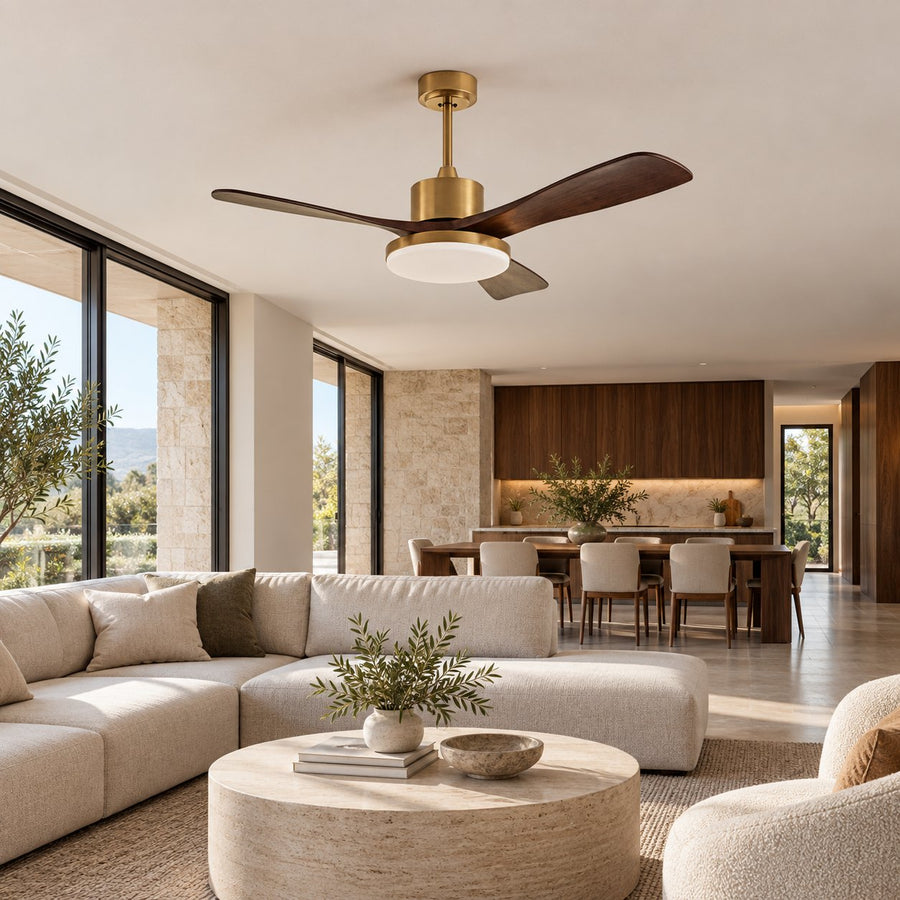 Modern Ceiling Fan with Integrated LED Lighting Flush Mount Design Wooden Blades 6-Speed Control in the open plan