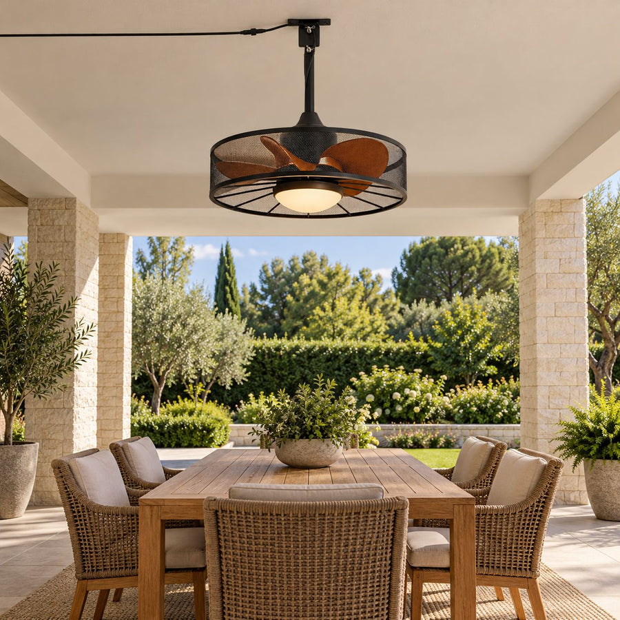 Rustic Outdoor Ceiling Fan with Light Flush Mount Iron Frame LED Colour Temperature Control in the covered patio