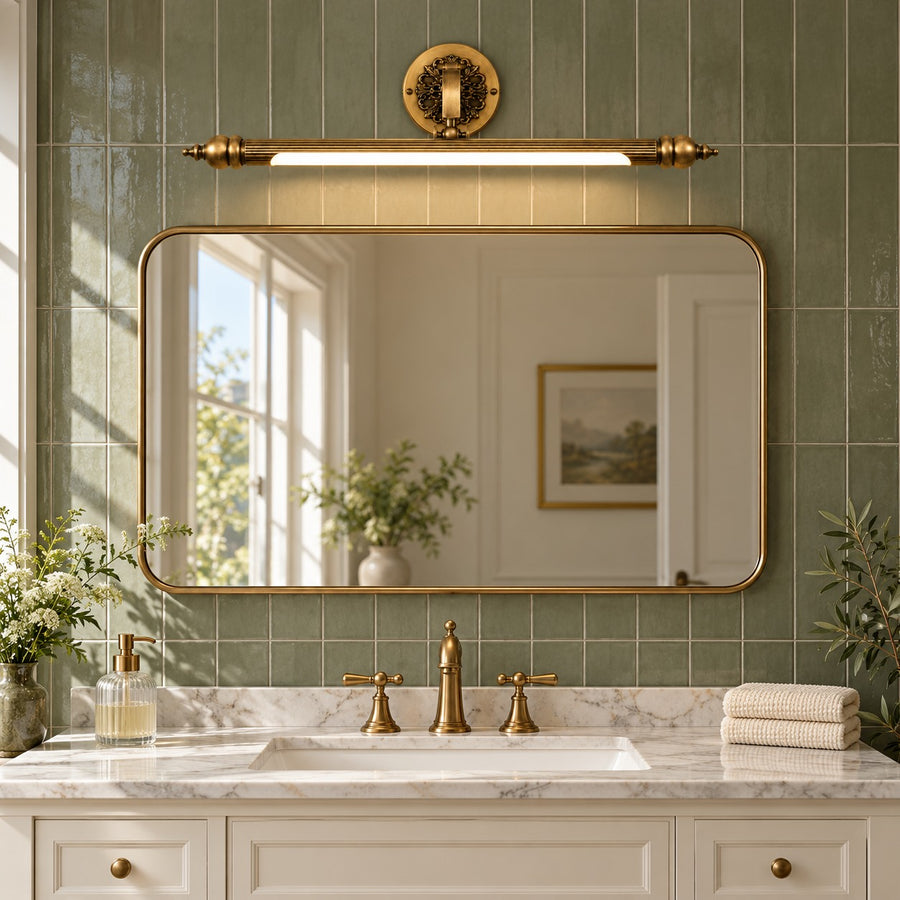 Retro Wall Sconce Lighting Wall Mounted Copper Metal Fixture for Bathroom Vanity Illumination in the green tile