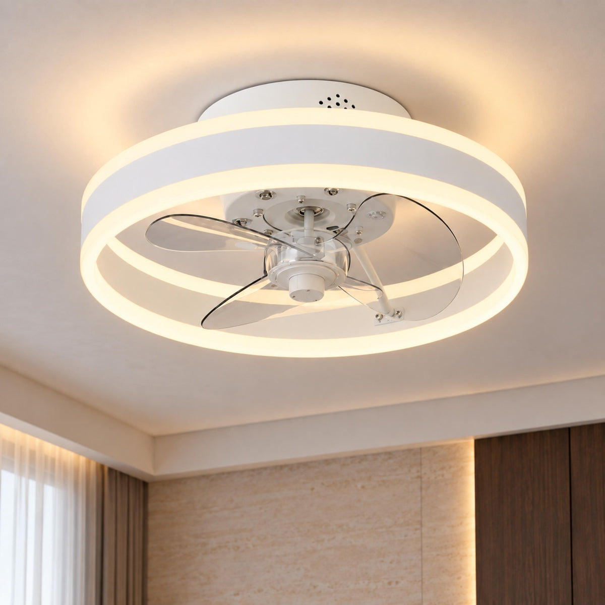 Modern Flush Mount Ceiling Fan with Dimmable LED Light and ABS Blades for Home Use