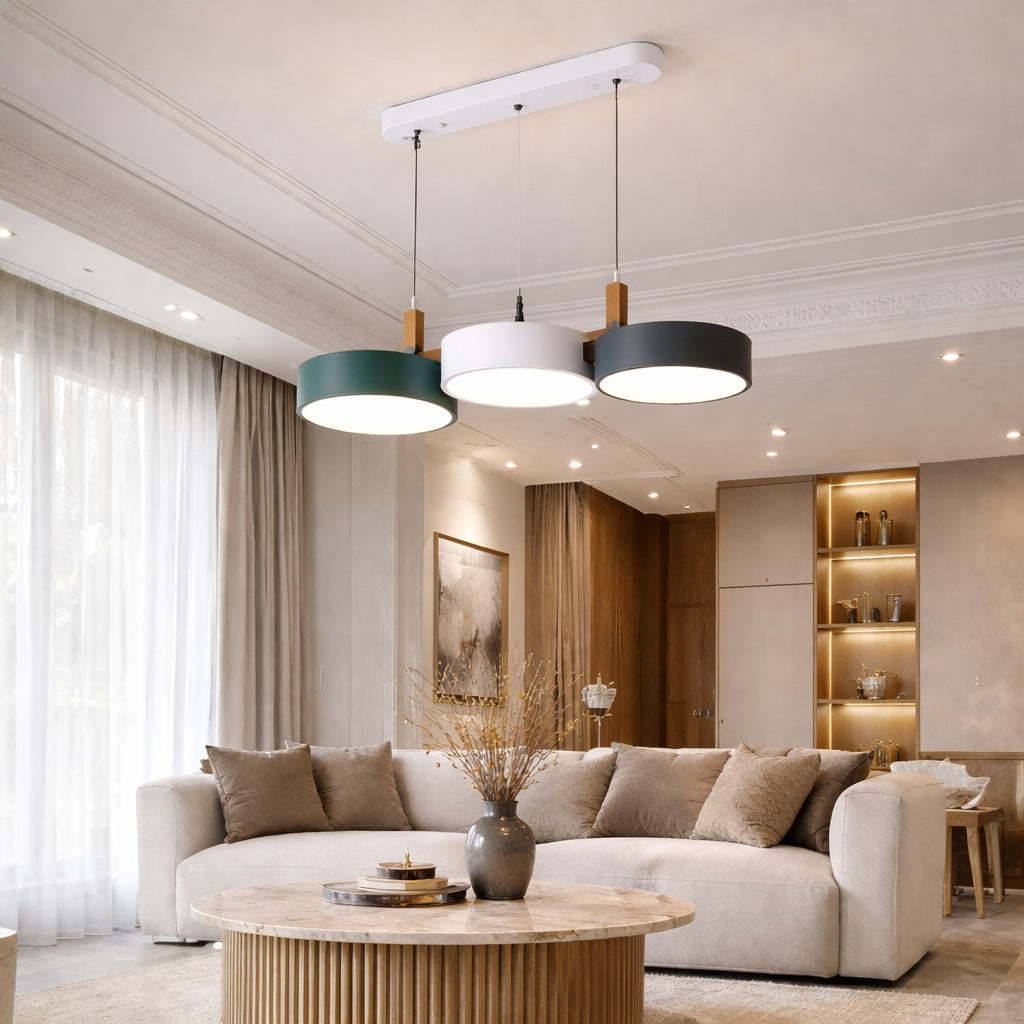 Nordic Modern Pendant Light Fixture Adjustable Hanging LED 3-4 Heads Wooden Design for Kitchen Island