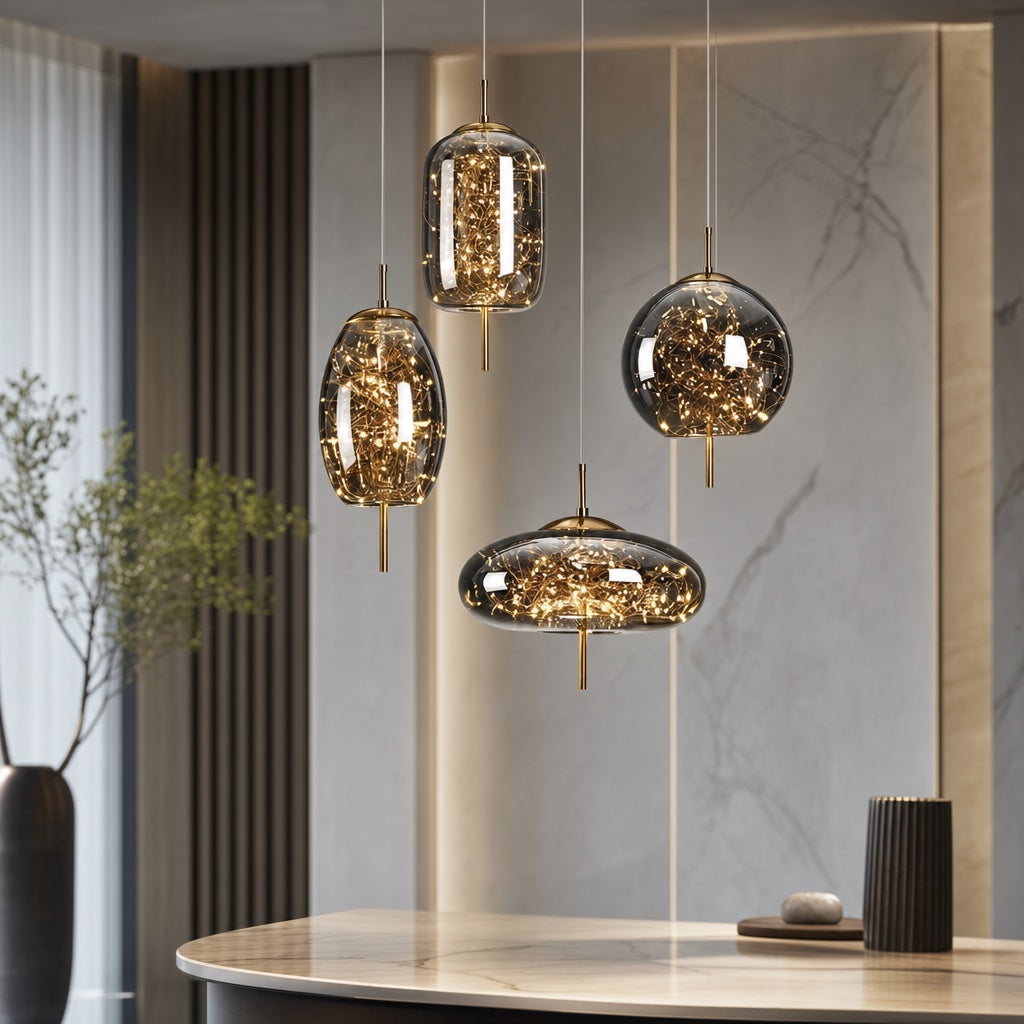 Modern Geometric Pendant Light Adjustable Hanging Smoky Glass LED Fixture