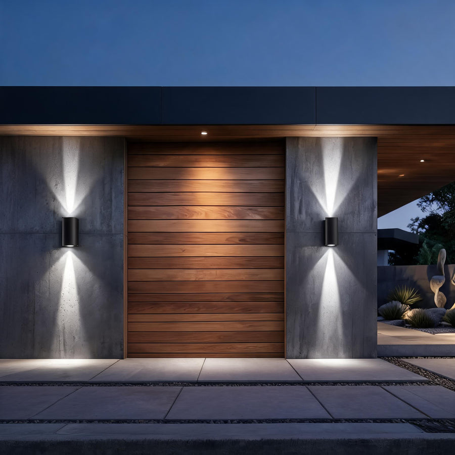 Modern Outdoor Wall Light Up Down Fixture Die-Cast Aluminum LED Clear Glass Shade IP65 in the timber door