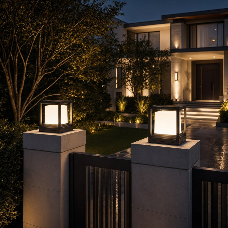 Solar Garden Lights Modern Aluminum Pedestal Fixture Waterproof LED Dual Power Outdoor in the front fence