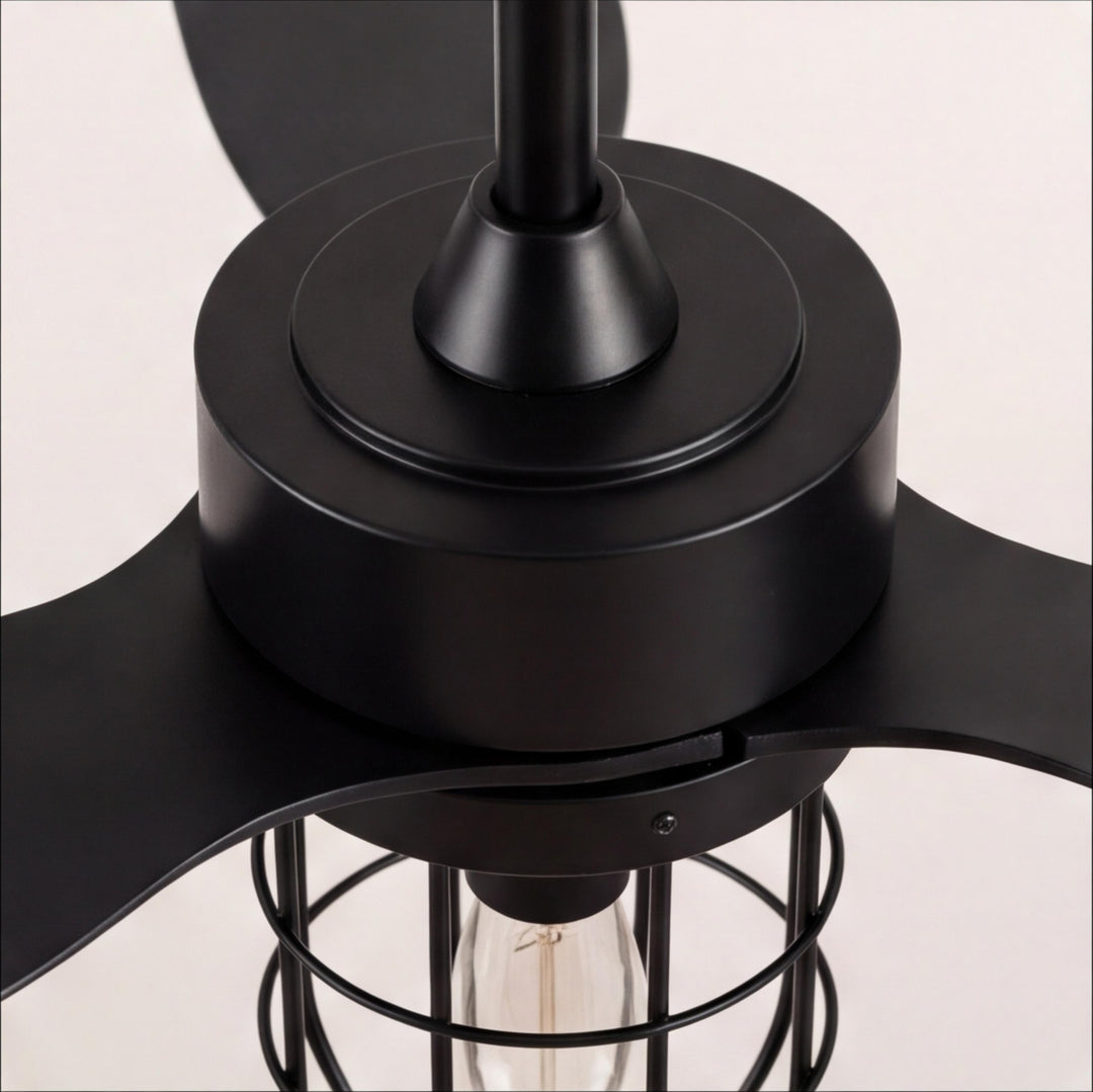 Modern Ceiling Fan Flush Mount with Iron Cage Light Wood Blades Quiet DC Motor 6-Speed