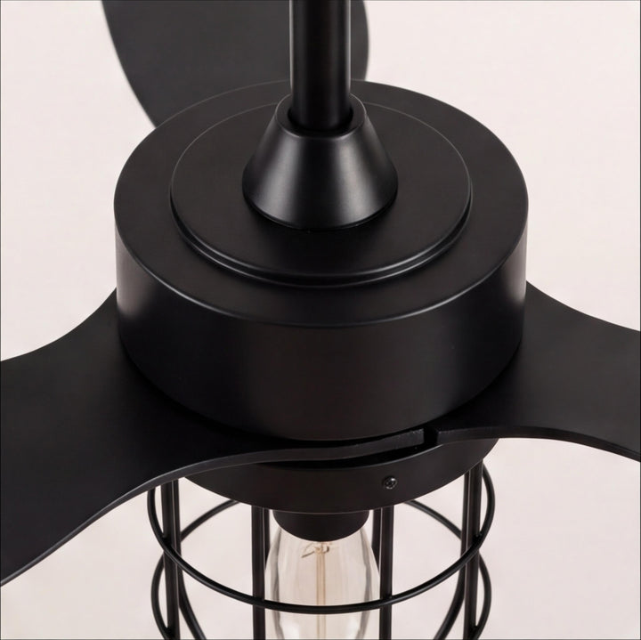 Modern Ceiling Fan Flush Mount with Iron Cage Light Wood Blades Quiet DC Motor 6-Speed