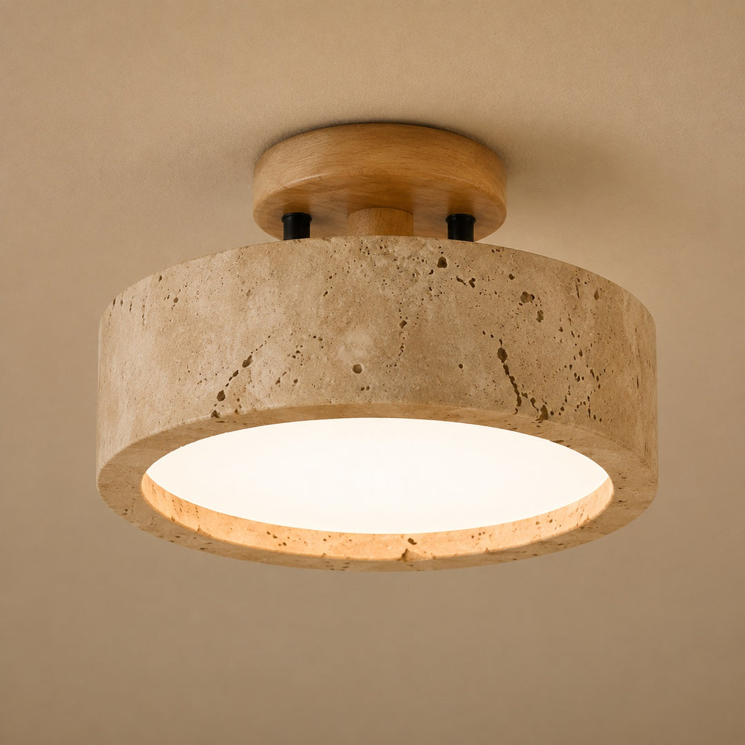 Modern Round Flush Mount Ceiling Light Yellow Travertine LED Dimmable 20cm for Compact Spaces
