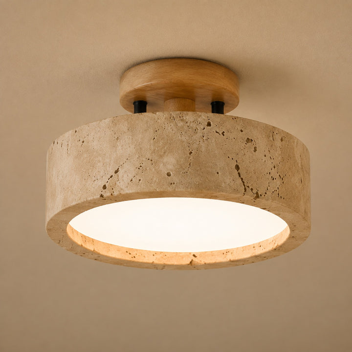 Modern Round Flush Mount Ceiling Light Yellow Travertine LED Dimmable 20cm for Compact Spaces