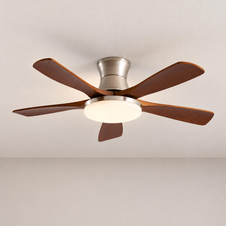 Modern Ceiling Fan with Lights Flush Mount Metal Frame Wooden Blades Integrated LED 6-Speed Control