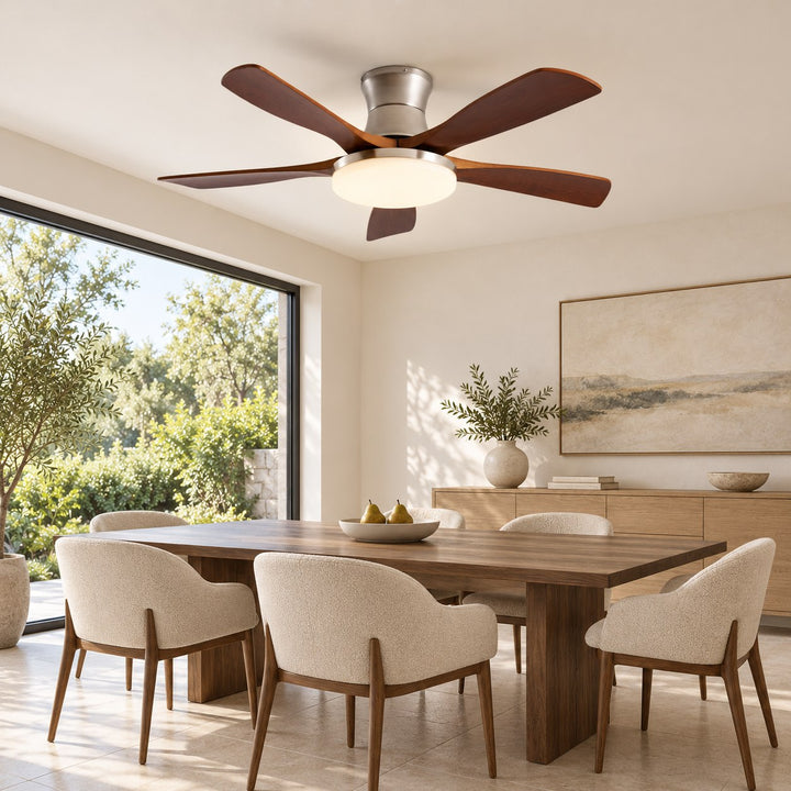 Modern Ceiling Fan with Lights Flush Mount Metal Frame Wooden Blades Integrated LED 6-Speed Control