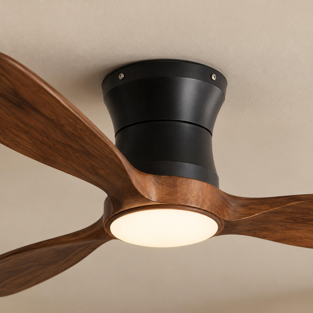 Modern Ceiling Fan 48 Inch Flush Mount Solid Wood Blades Dimmable LED Light Remote Control