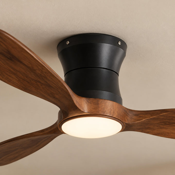 Modern Ceiling Fan 48 Inch Flush Mount Solid Wood Blades Dimmable LED Light Remote Control