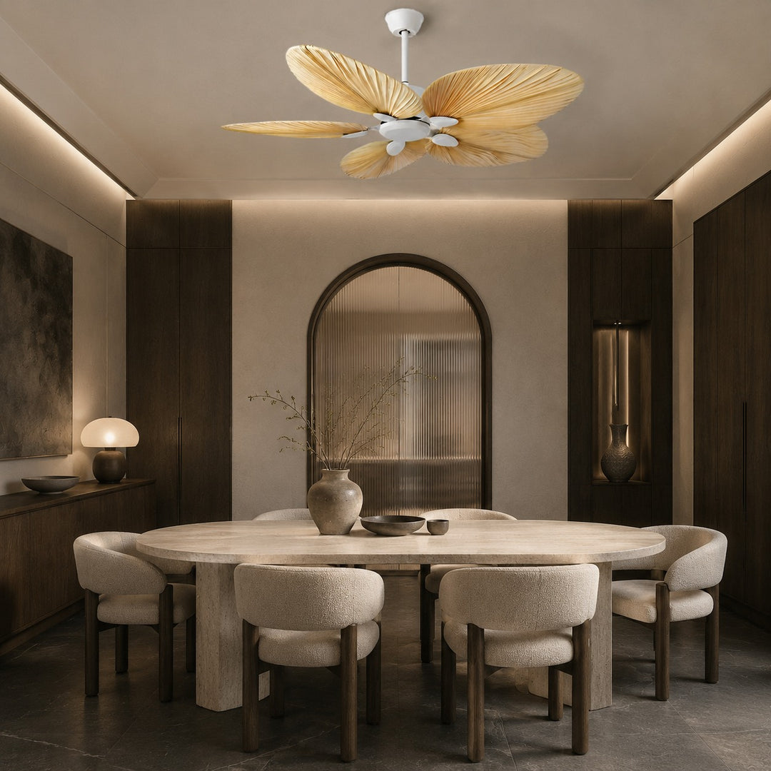 Modern Ceiling Fan with Palm Leaf Blades Iron Frame Remote Control Quiet Motor 110V 240V