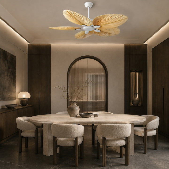 Modern Ceiling Fan with Palm Leaf Blades Iron Frame Remote Control Quiet Motor 110V 240V