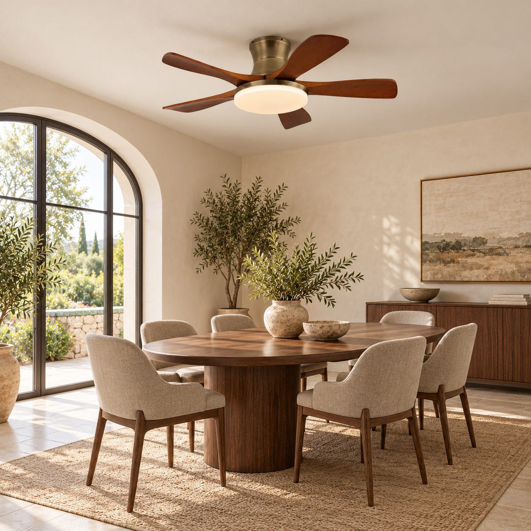 Modern Ceiling Fan with Lights Flush Mount Metal Frame Wooden Blades Integrated LED 6-Speed Control