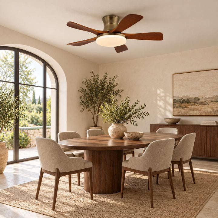Modern Ceiling Fan with Lights Flush Mount Metal Frame Wooden Blades Integrated LED 6-Speed Control