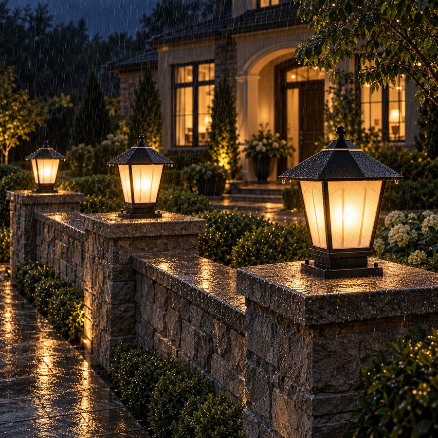 Modern Outdoor Pillar Light Solid Copper Lantern White Glass Shade IP55 in the garden wall