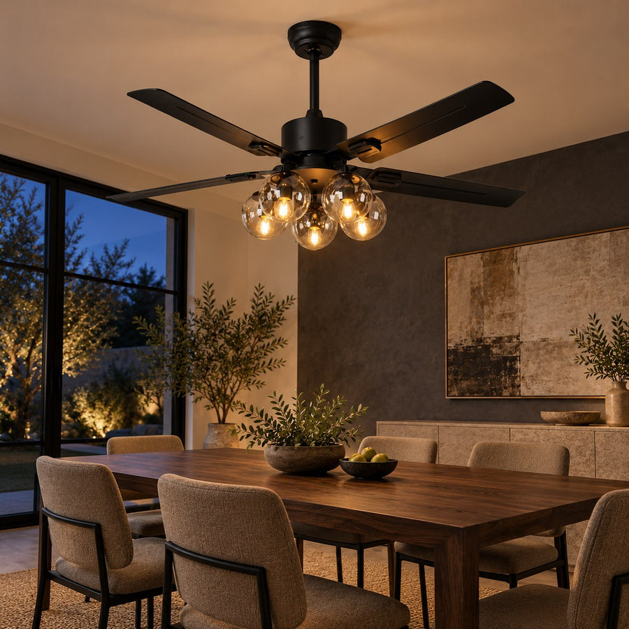 Vintage Black Ceiling Fan Light Flush Mount Metal with Integrated LED Illumination in the evening