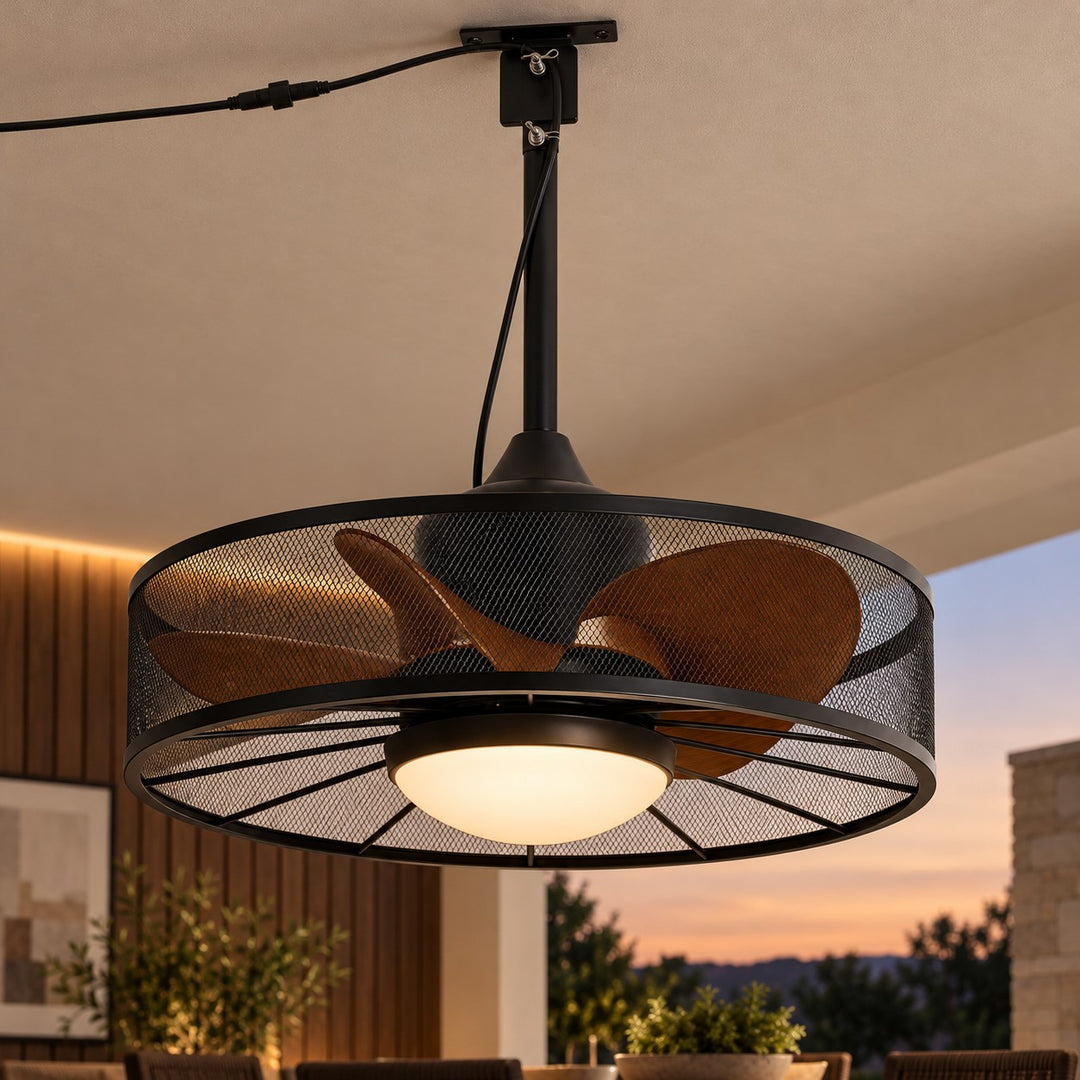 Rustic Outdoor Ceiling Fan with Light Flush Mount Iron Frame LED Colour Temperature Control