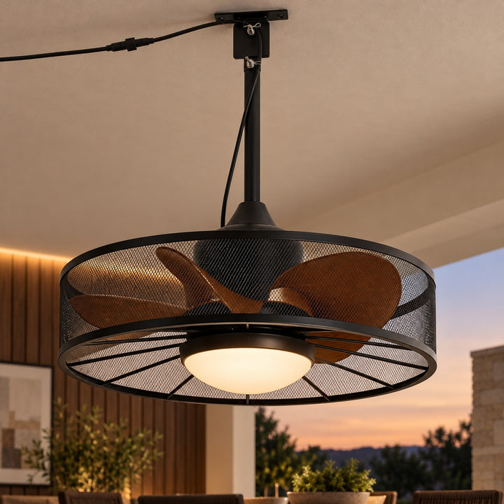 Rustic Outdoor Ceiling Fan with Light Flush Mount Iron Frame LED Colour Temperature Control