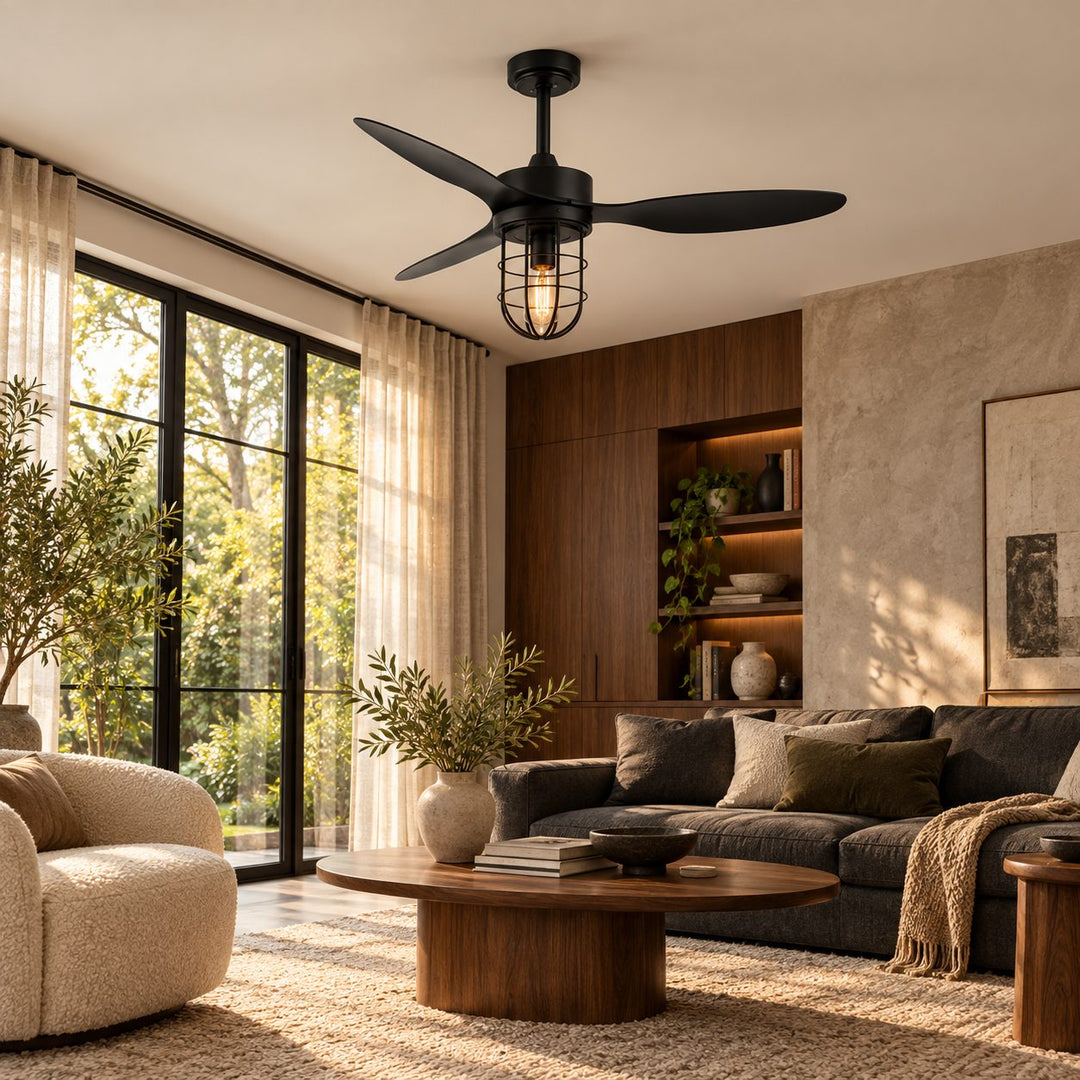 Modern Ceiling Fan Flush Mount with Iron Cage Light Wood Blades Quiet DC Motor 6-Speed