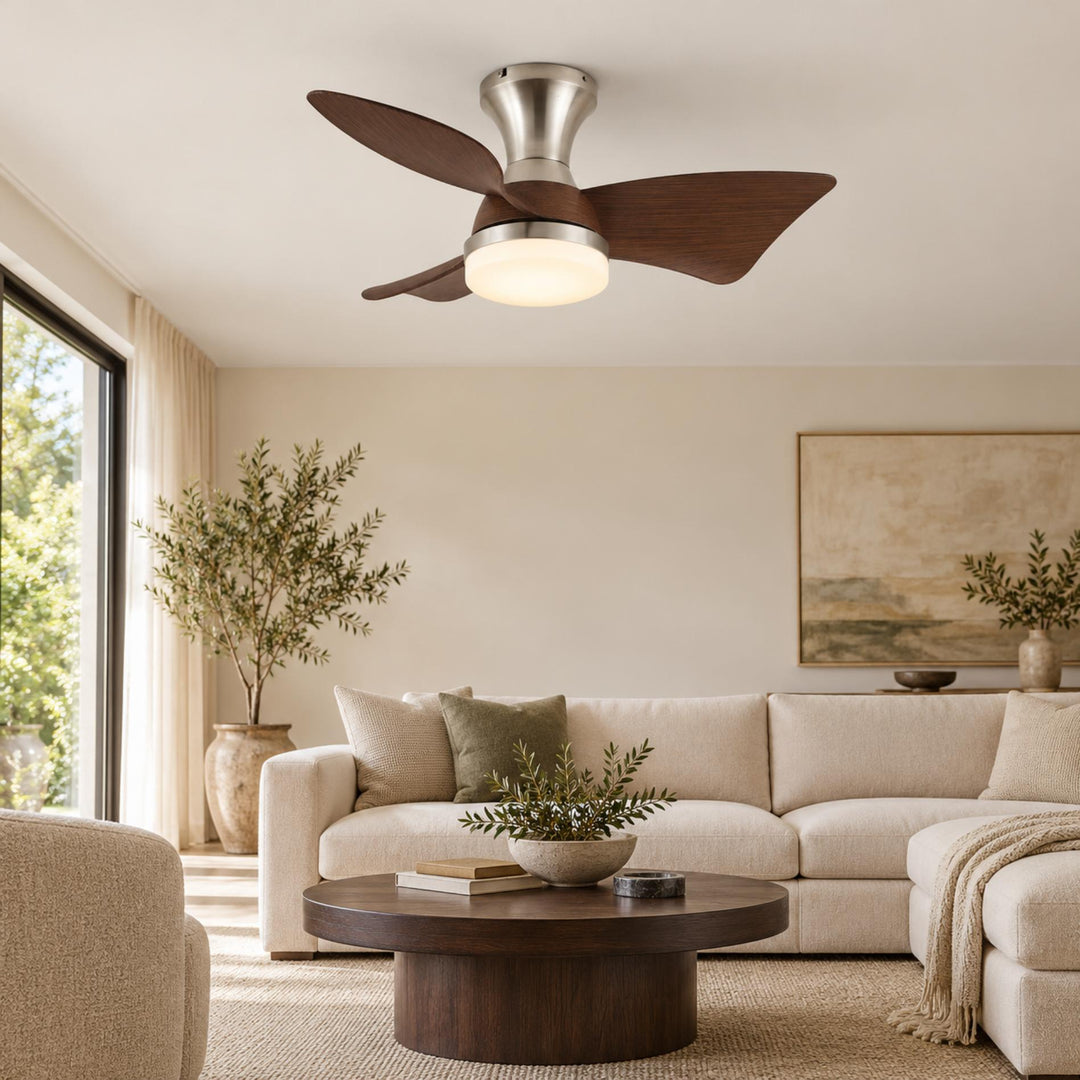 Modern Ceiling Fan with Lights Flush Mount Metal Frame ABS Blades Integrated LED 6-Speed Control