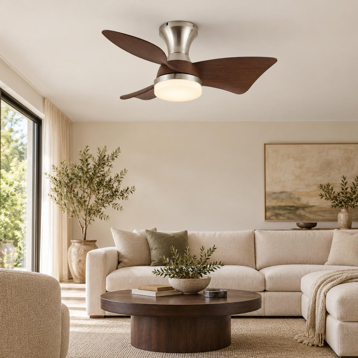 Modern Ceiling Fan with Lights Flush Mount Metal Frame ABS Blades Integrated LED 6-Speed Control