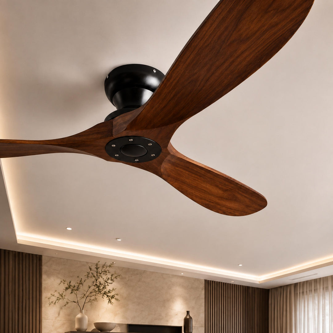 Modern Ceiling Fan with Wood Blades Flush Mount DC Motor 6-Speed Remote Control