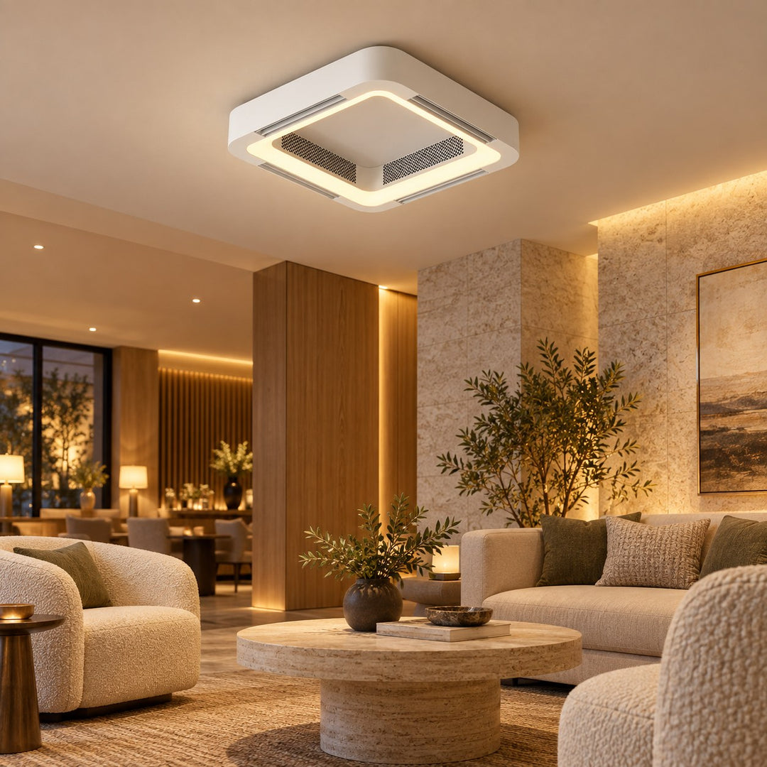Modern Bladeless Ceiling Fan with Flush Mount Design Dimmable LED Light and Remote Control