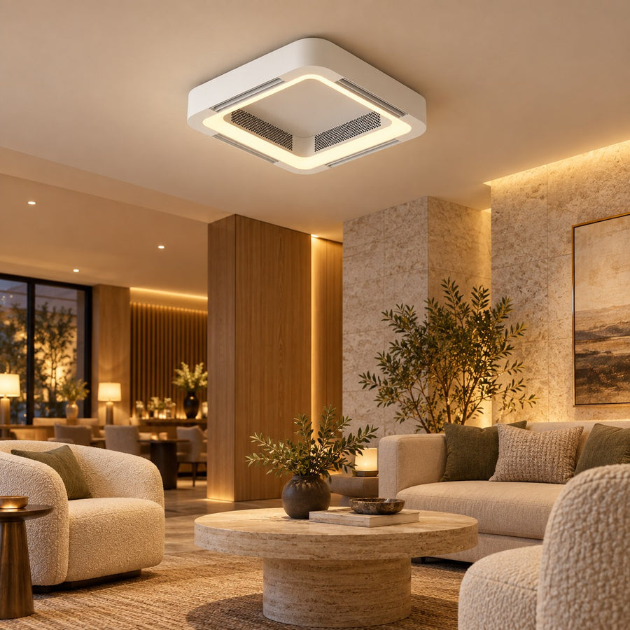 Modern Bladeless Ceiling Fan with Flush Mount Design Dimmable LED Light and Remote Control in the living room