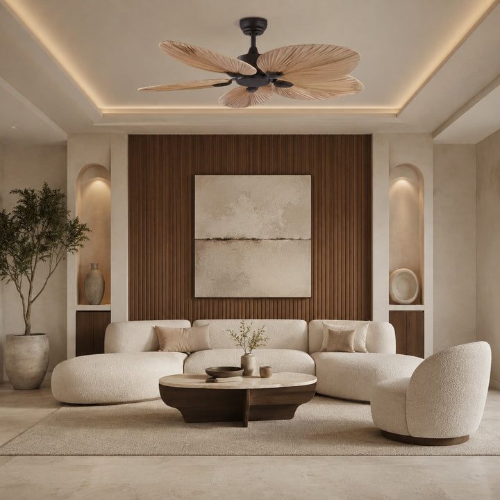 Modern Ceiling Fan with Palm Leaf Blades Iron Frame Remote Control Quiet Motor 110V 240V