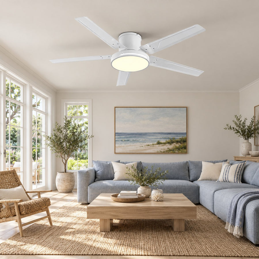 Modern Ceiling Fan with Lights Flush Mount Iron Frame 48W LED Dimmable 6-Speed DC Motor in the living room