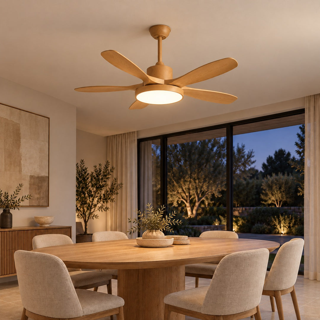 Modern Industrial Ceiling Fan Light Flush Mount Imitation Wood Blades Integrated LED