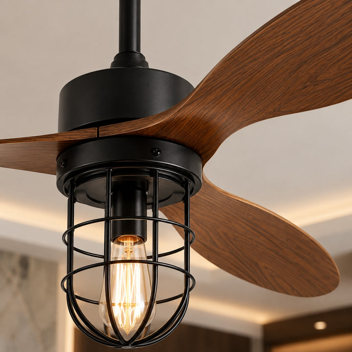 Modern Ceiling Fan Flush Mount with Iron Cage Light Wood Blades Quiet DC Motor 6-Speed