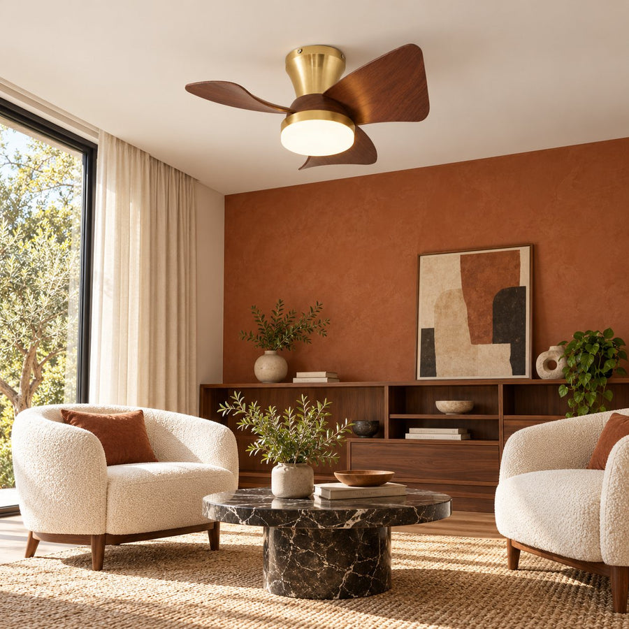 Modern Ceiling Fan with Lights Flush Mount Metal Frame ABS Blades Integrated LED 6-Speed Control in the living room