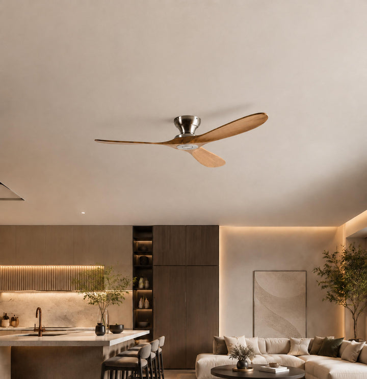Modern Ceiling Fan with Wood Blades Flush Mount DC Motor 6-Speed Remote Control