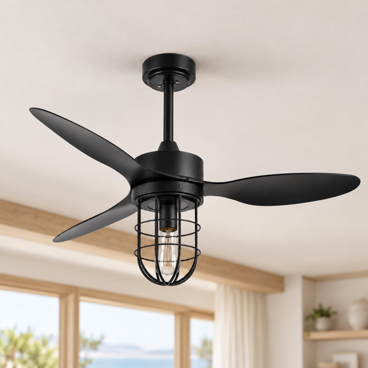 Modern Ceiling Fan Flush Mount with Iron Cage Light Wood Blades Quiet DC Motor 6-Speed