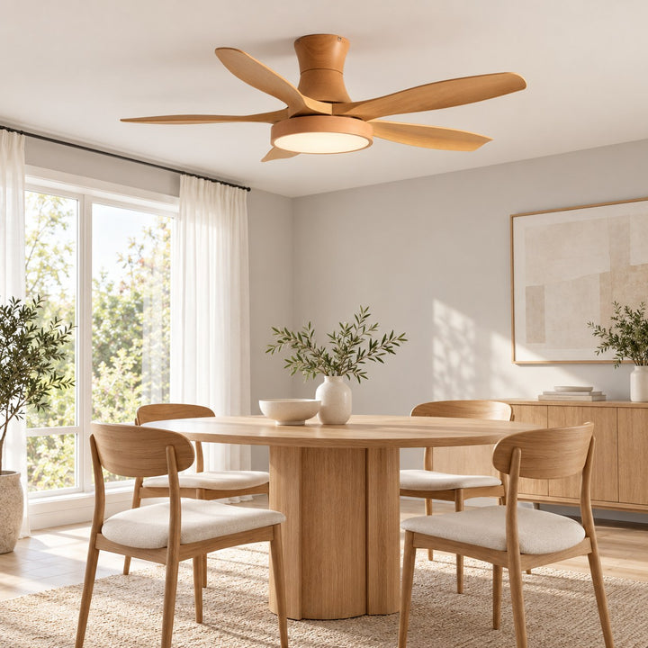 Modern Industrial Ceiling Fan Light Flush Mount Imitation Wood Blades Integrated LED