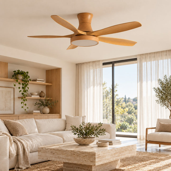Modern Industrial Ceiling Fan Light Flush Mount Imitation Wood Blades Integrated LED