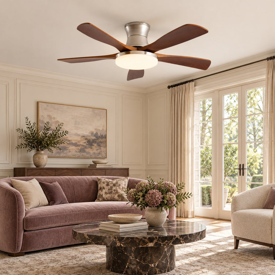 Modern Ceiling Fan with Lights Flush Mount Metal Frame Wooden Blades Integrated LED 6-Speed Control