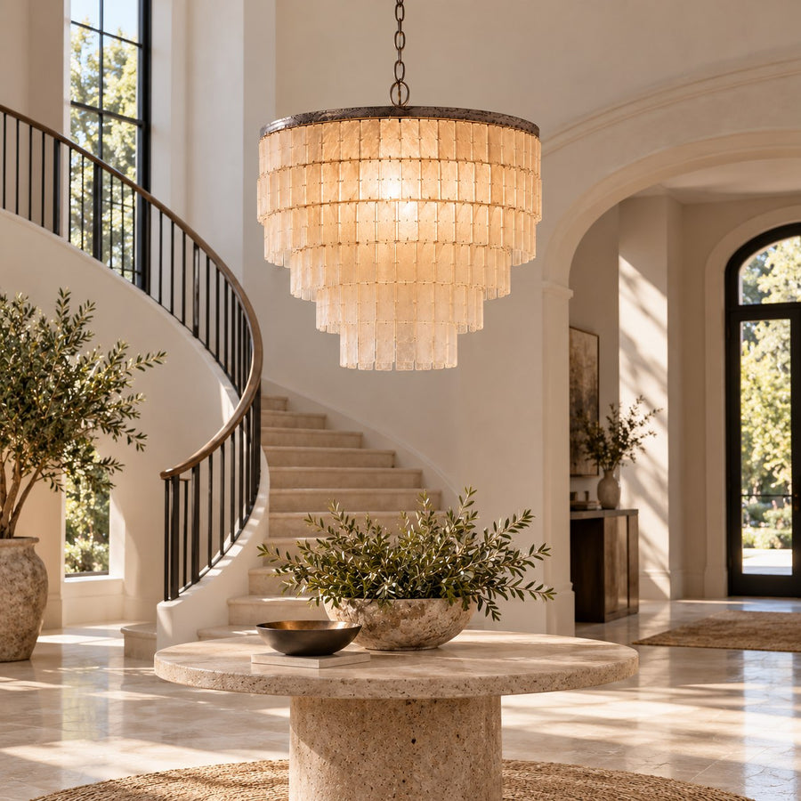 Modern Chandelier Light Ceiling Mounted Natural Shell Adjustable Height for Dining Room in the entryway