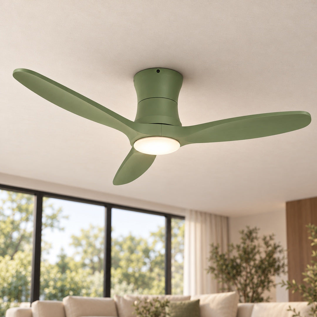 Modern Ceiling Fan Flush Mount Solid Wood Blades Integrated Dimmable LED Light Remote Control 52 Inch