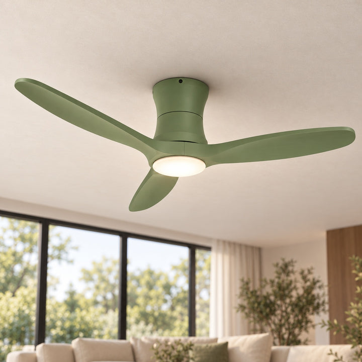 Modern Ceiling Fan Flush Mount Solid Wood Blades Integrated Dimmable LED Light Remote Control 52 Inch