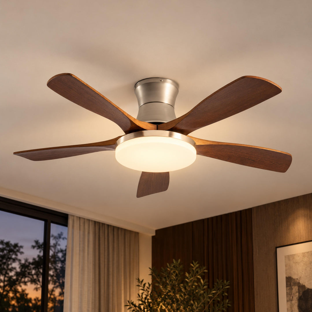 Modern Ceiling Fan with Lights Flush Mount Metal Frame Wooden Blades Integrated LED 6-Speed Control