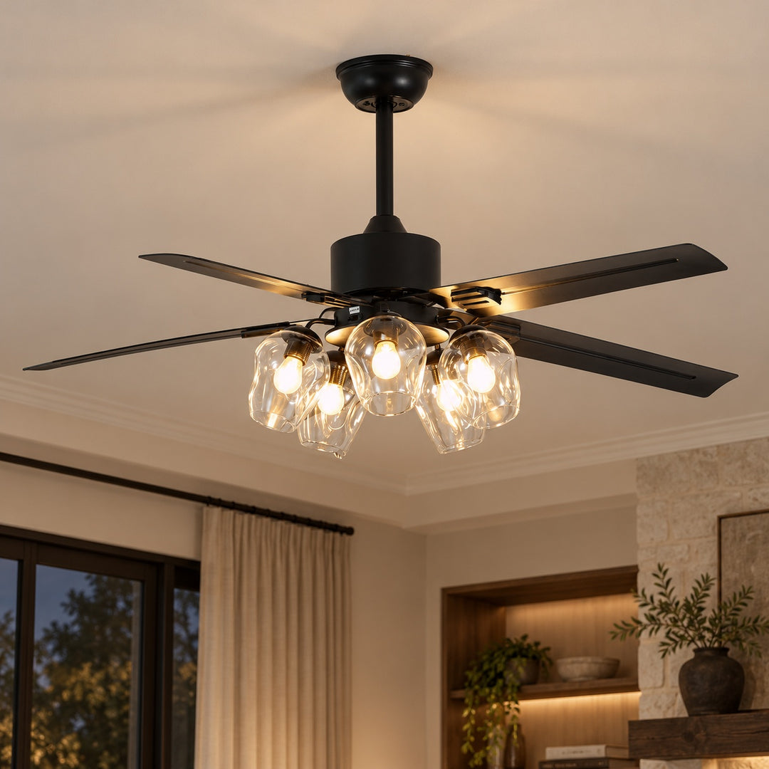 Vintage Black Ceiling Fan Light Flush Mount Metal with Integrated LED Illumination
