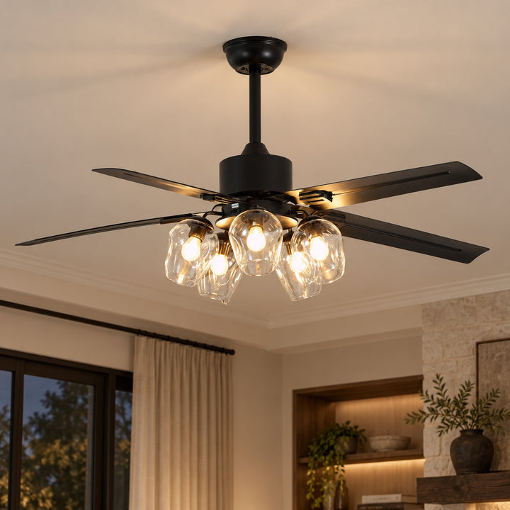 Vintage Black Ceiling Fan Light Flush Mount Metal with Integrated LED Illumination