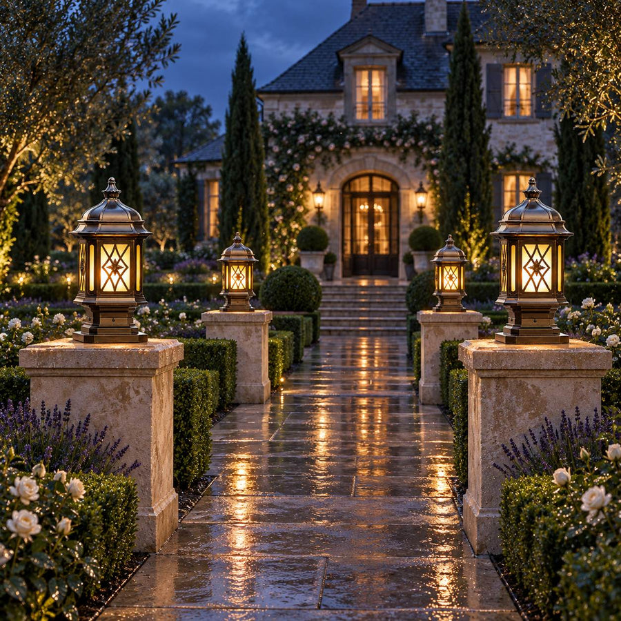 Traditional Outdoor Pillar Light Hexagonal Lantern Frosted Glass Aluminum IP65 in the driveway