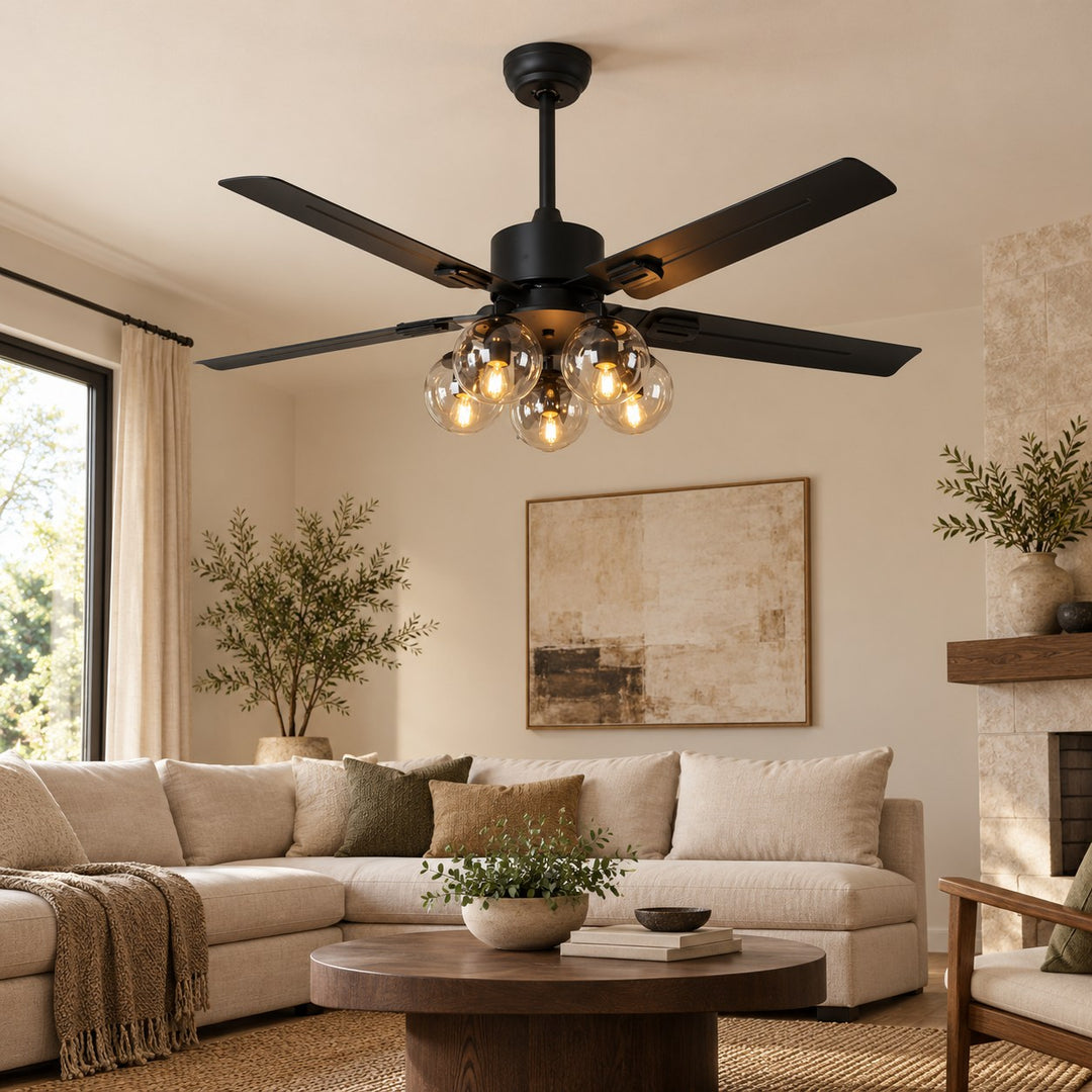 Vintage Black Ceiling Fan Light Flush Mount Metal with Integrated LED Illumination